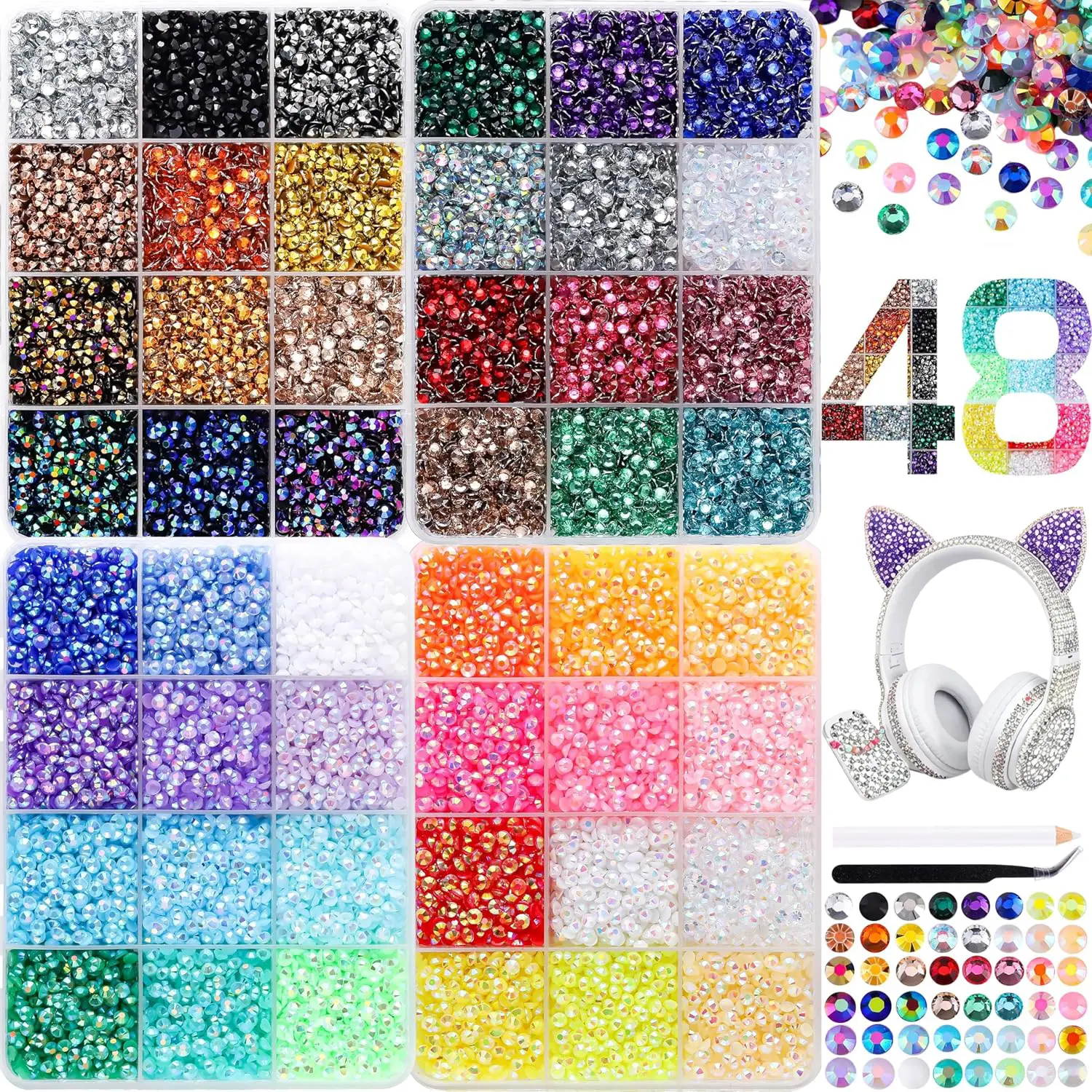36000pcs Flatback Colorful Rhinestones Bedazzling Kit, 48-Color 3mm Resin Gems with Tools for DIY Nail Art Designs & Elegant Fashionable Rhinestone Decorated Projects, Diy Crafts, Use Tools, Rhinestone Nail Art Accessories