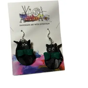 Black Cat Polymer Clay Earrings Handmade Halloween & Everyday Styles with Green Bow Accents