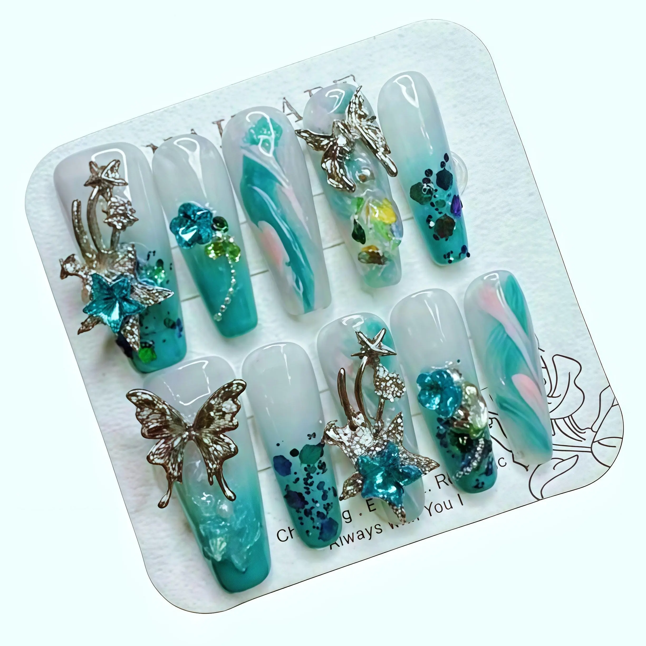 S45 Advanced Elegant Mint Design Press On Nail Kit , Reusable, Lightweight, Glam Fake Nails with Diamond Settings, Size M for Daily Wear, Press On Nails