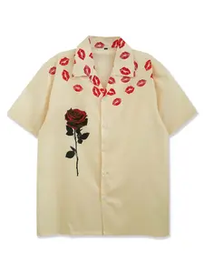 Floral Print Shirt for Valentine's Day, Rose Pattern and Lip Print, Classic Casual Fitted Shirt Top for Men, Casual Fashion Top, Perfect for Beach Holidays