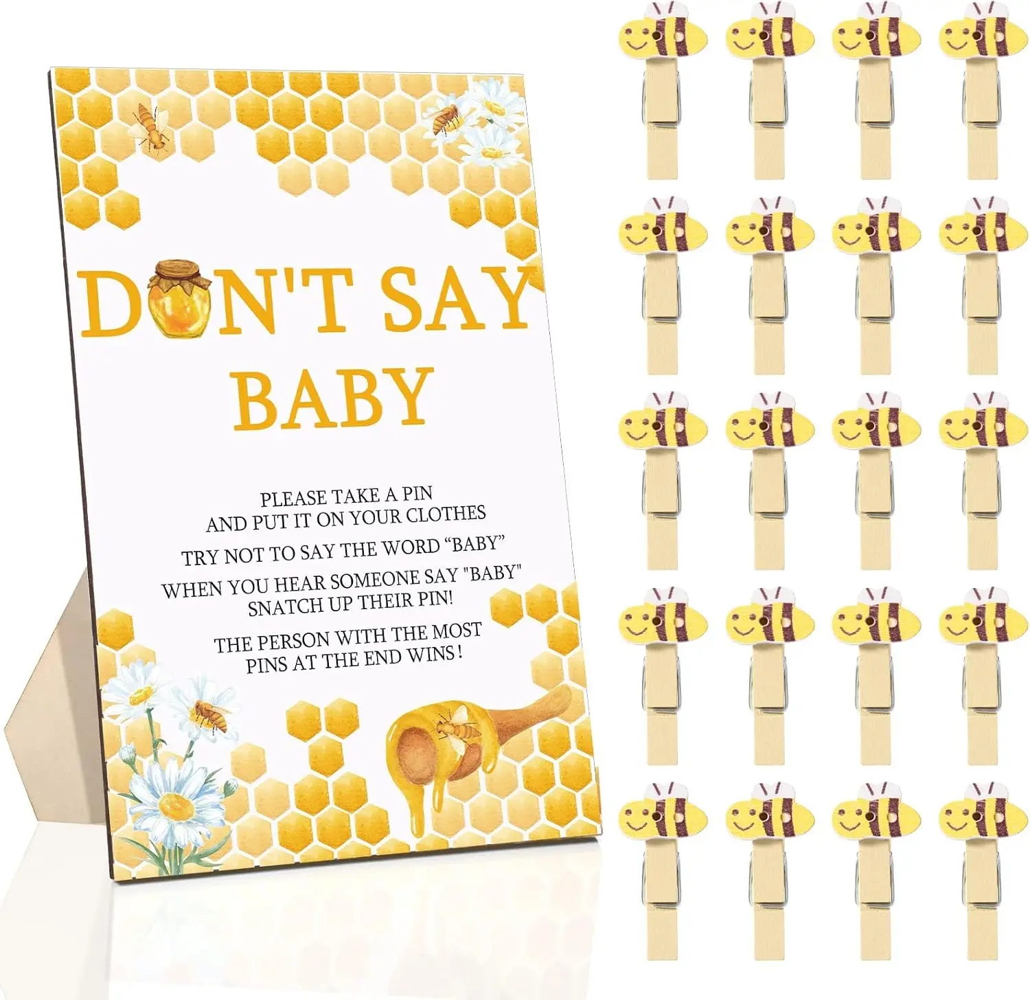 Unittype 51 Pcs Don't Say Baby Shower Game Favors Include Bee Theme Baby Shower Sign and 50 Mini Bee Clothespins for Boys Girls Gender Reveal Party Supplies