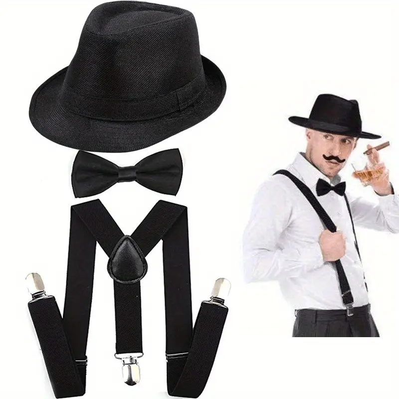 Men's 1920s Roaring 20s Menswear Halloween Costume Accessory Set - Polyester Manhattan Fedora Hat, Y-Back Suspenders, Pre-Tied Bow Tie for Clothes Pairing