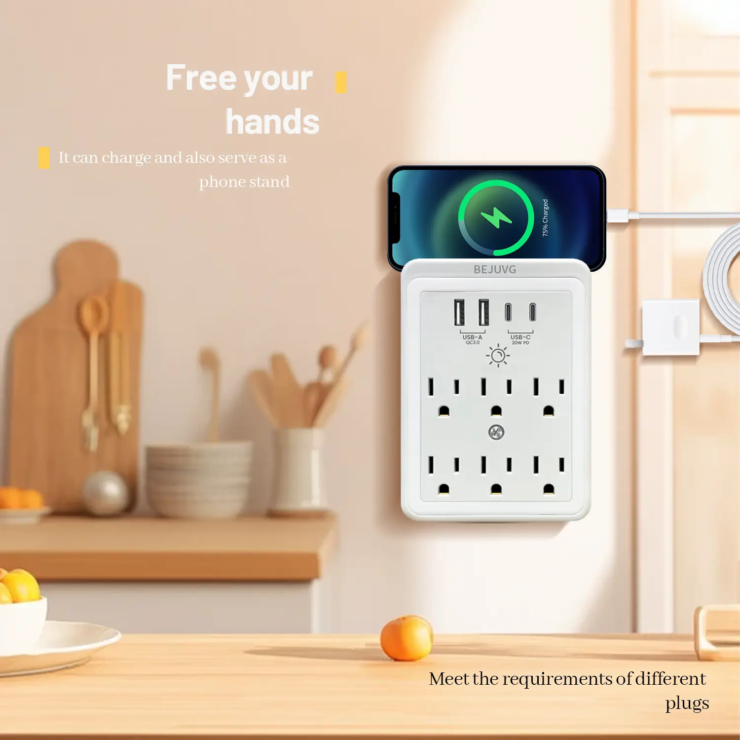 BEJUVG Wall Socket Adapter - Universal Surge Protector Outlet, 6-Outlet Power Strip, 2 Fast-Charging USB-C, 2 Standard Ports, Built-in Night Light, Free Your Hands USB Multi Plug for iPhone Wall Outlet Extender