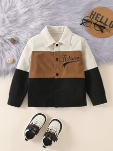 Boys' Shirt Turn-Down Collar Patched Corduroy Letter Embroidery, Comfortable Skin-Friendly Casual Versatile, Boys' Clothing