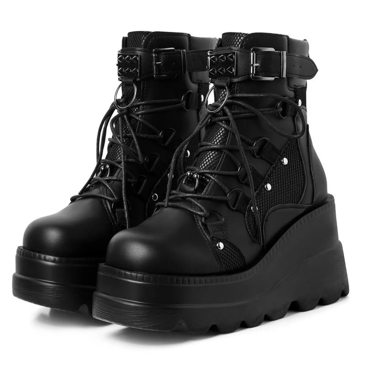 Women's Onyx PU Leather Platform Ankle Boots - Chunky Block Heel, Gothic Round Toe, Lace-Up Combat Style, Wedge Sole, Western Cowgirl Design, Comfortable Statement Shoes for Rave Aesthetic, Winter Rubber Footwear, Western Elegance, Walking Shoes, Party