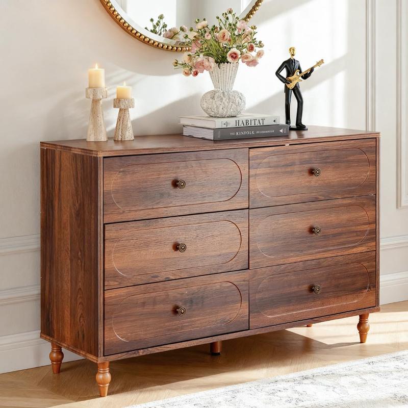BERRY NEST 6 Drawer Dresser for Bedroom, 47" Wide Mid-Century Chest of Drawers with Solid Wood Legs, Dark Walnut Wood Dresser with 6 Storage Drawers for Bedroom, Living Room, TV Stand