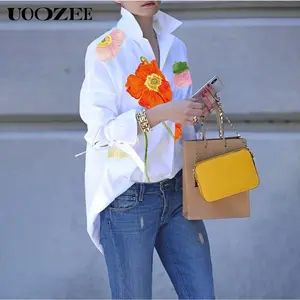 UOOZEE Women's Long Sleeve Oversized Button Flower Print  Stand Collar Shirt, 100% Polyester Casual Autumn Button-Down Top Office Blouse