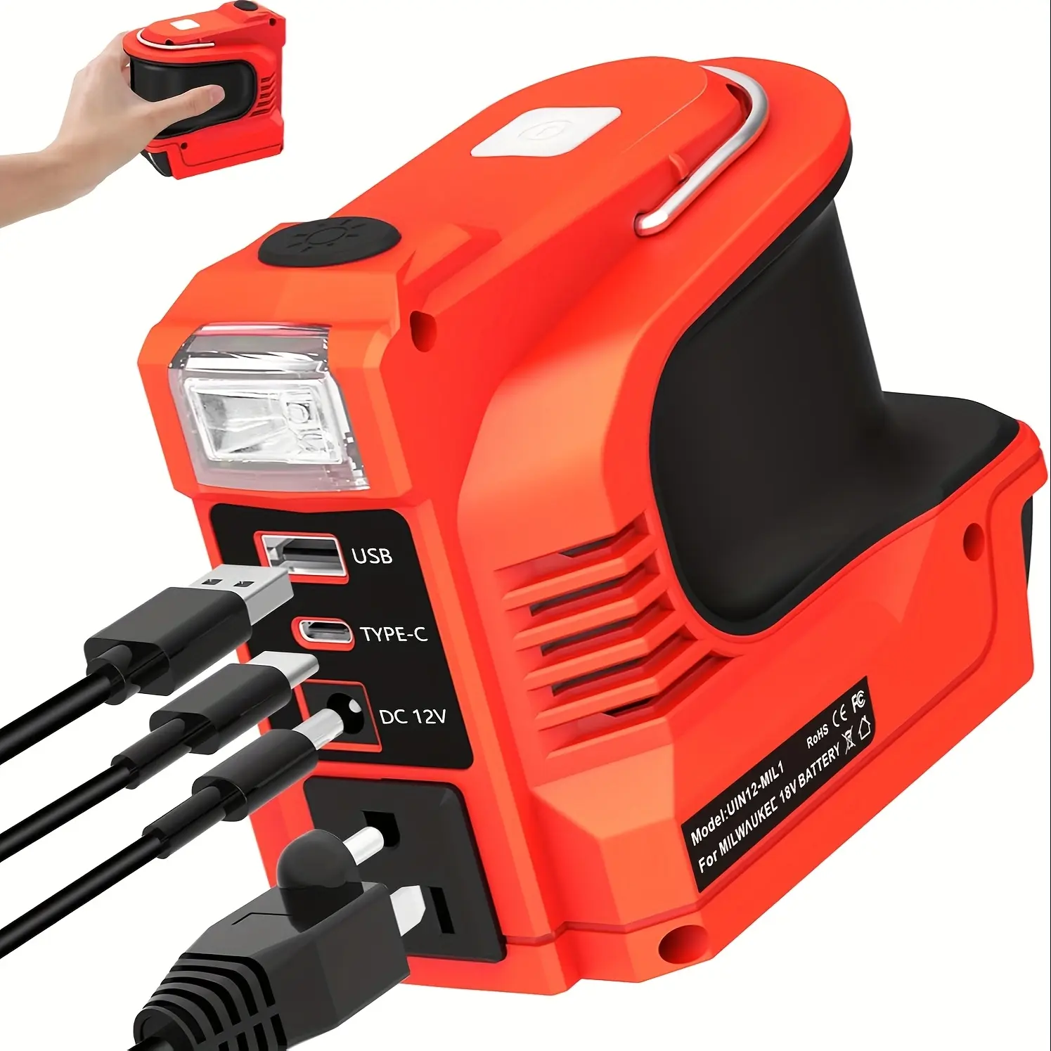 TPDL 220W Power Inverter for Milwaukee M18 18V Lithium Ion Battery, Portable 18V DC to 110V~120V Power Supply with 220W AC Outlet, USB-B, USB-C, 12V DC Outputs & LED Light