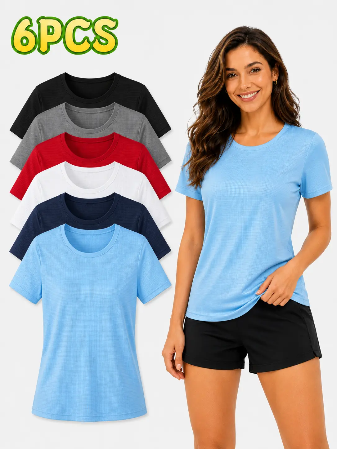 6 Pack Women’s Quick Dry Athletic T-Shirts, Lightweight Breathable Short Sleeve Crew Neck Workout Tops for Gym, Running and Everyday Wear