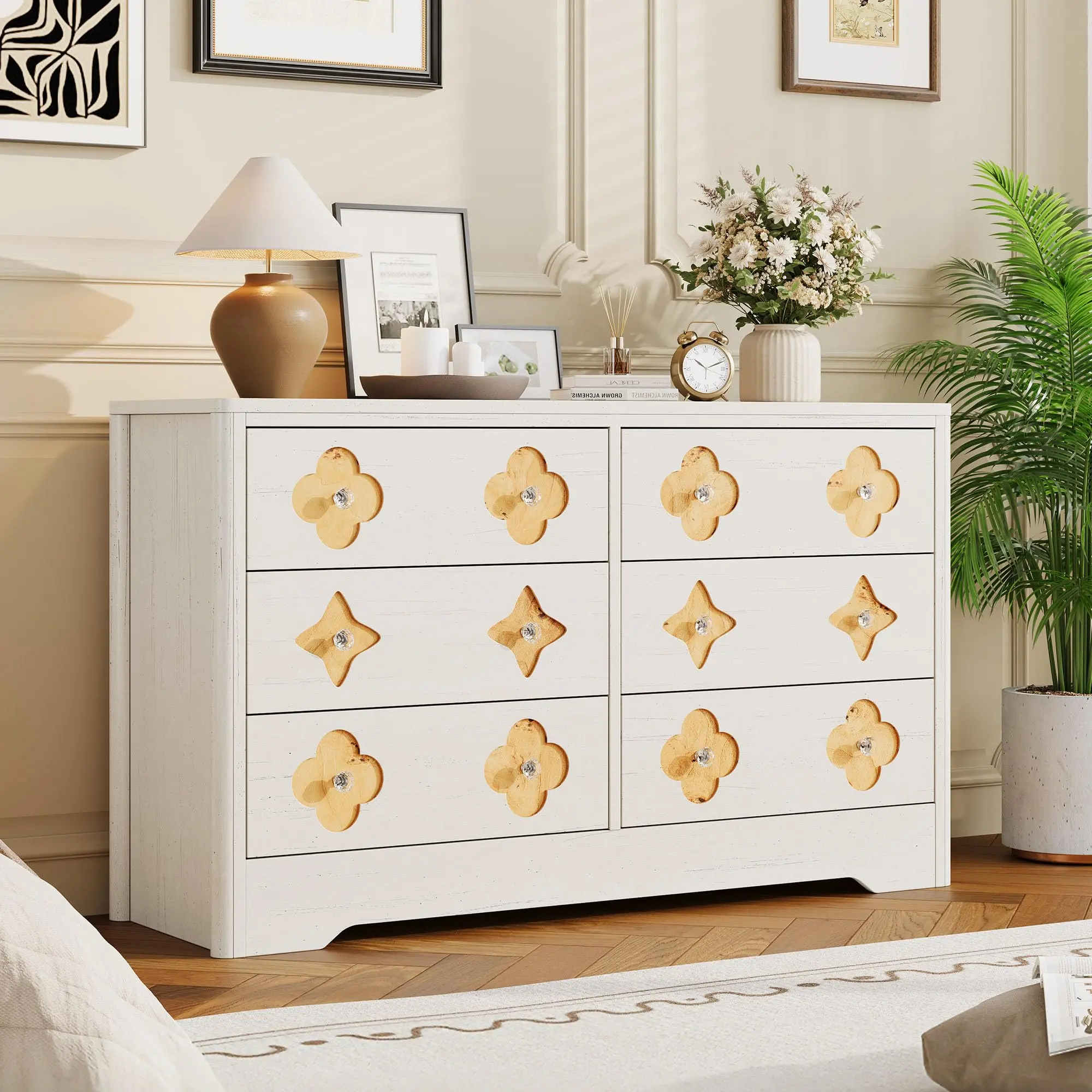6-Drawer Sturdy White Wood Dresser - Rectangle Clothing Storage Cabinet, 47.2in Wide (15.7in D x 47.2in W x 30.3in H), Decorative Crystal Knobs, Waterproof, Scratch-Resistant, Spacious, Assembly Required for Bedroom, Living Room (6-Drawer Capacity: Yes),