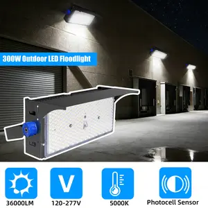 300W LED Flood Light Outdoor, 36000LM 5000K Waterproof IP65 with Photocell Sensor Dusk to Dawn, 120-277V Wide Voltage, for Wall/Ground/Racecourse (Upgraded Heat Dissipation & Rotatable Bracket)