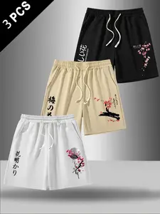 Men's 3-Pack Japanese Sakura & Plum Print Drawstring Shorts, Y2K Harajuku Streetwear, Summer Casual Beach & Skateboarding Outfit