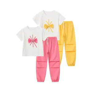 #SummerVibes 4-Piece Set for Girls: Sweet Summer Style with 3D Bow Round-Neck Top and Cute Set, Breathable and Skin-Friendly Summer Pleated Cuffed Pants-Versatile Casual Girls' Clothing
