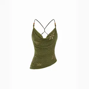 Cider Mesh Cowl Neck Floral Beading Sequin Cami Top