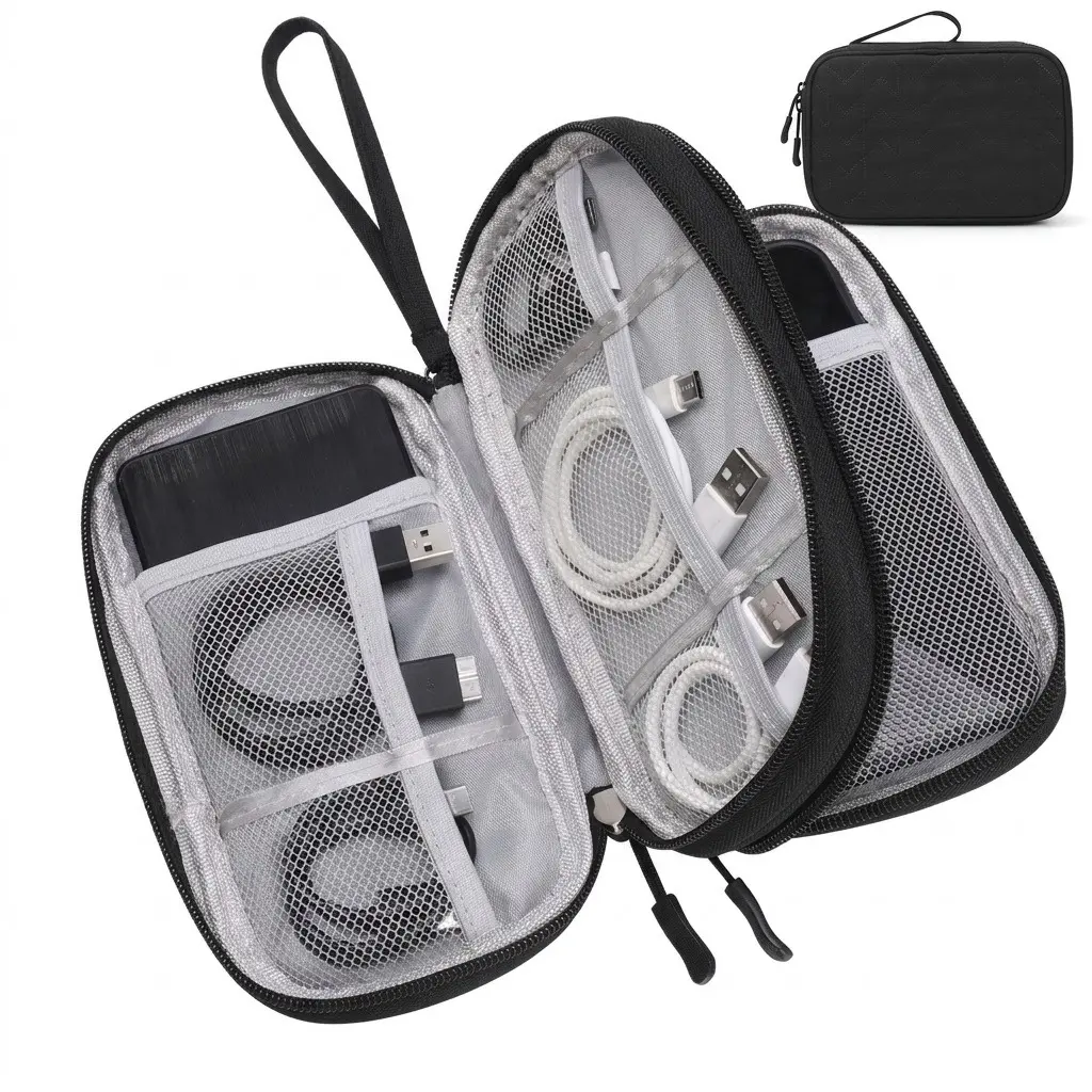 Double Layer Fabric Tech Storage Bag - Compact Anti-Tangle Multi-Compartment Organizer Pouch for Chargers, Earphones, USB Cables, Phone Accessories, Home Desk Clutter Control, Digital Nomad Travel Essential