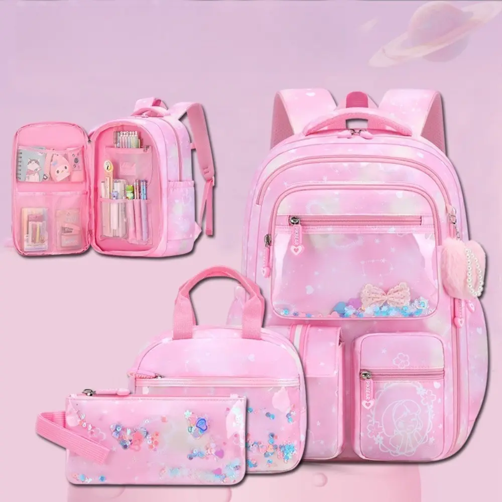 3Pcs Pink Glitter Quicksand Refrigerator Side Opening Backpack Set for Teen Girls, Large Capacity Multi-Layer Water Resistant Student Backpack, Lightweight Breathable Spine Protection Daypack with Pom Pom Pendant, Complete Combo Includes Insulated Lunch