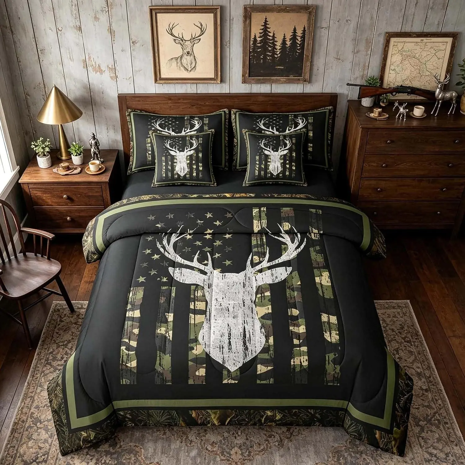 Green Hunting Camo Comforter Set 7 Pieces American Flag Deer Bedding Set Wild Animal Hunter Bed in a Bag with Comforter,Sheets,Pillowcases,Cushion Covers