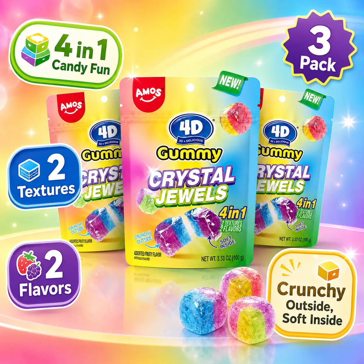 AMOS 4D Gummy Crystal Jewels Candy | 4-in-1 Fruity Crystal Gummies | Crunchy Outside, Soft Inside | 3.53 oz