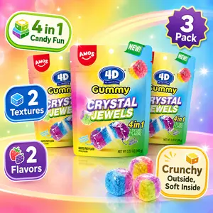 AMOS 4D Gummy Crystal Jewels Candy | 4-in-1 Fruity Crystal Gummies | Crunchy Outside, Soft Inside | 3.53 oz