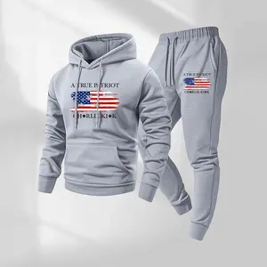 Men's American Flag Retro Print Hoodie And Drawstring Sweatpants Set, Men's Casual Sportswear, Long-Sleeved Hooded Jacket And Trousers, Suitable For Autumn And Winter, Men's Everyday Wear, Indoor And Outdoor Sportswear, Tracksuit, Casual Sportswear