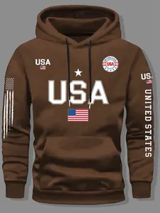 Unisex Hooded Fleece Long Sleeve Sweatshirt, Usa Letter Print Design, Retro American Style, Casual Comfortable Graphic Hoodie for Fall & Winter