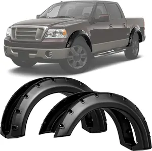 OEDRO Fender Flares: Compatible with Ford F150 2004-2008 Rugged Black Textured Pocket Riveted Style 4Pcs Set Chrome Eyebrow Headlight Trim Cover