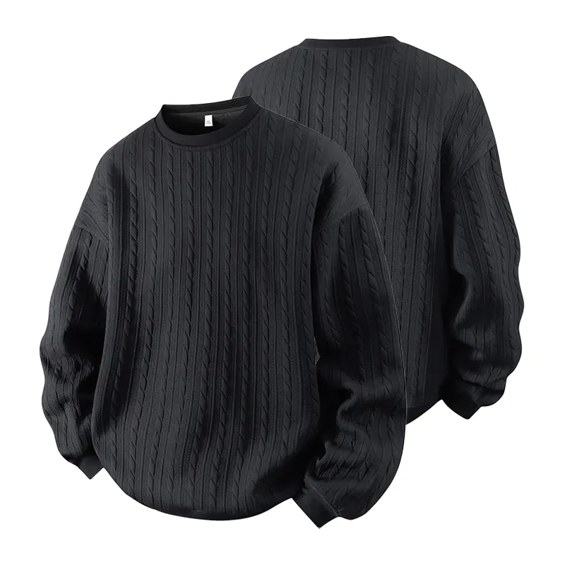 Men's Cable Knit Pattern Round Neck Sweatshirt, Solid Color Casual Loose Long Sleeve T-Shirt, Made from High-Quality Fabric Comfortable Base Shirt, Home Wear Daily Wear, Plus Size S-5XL Men's T-Shirt