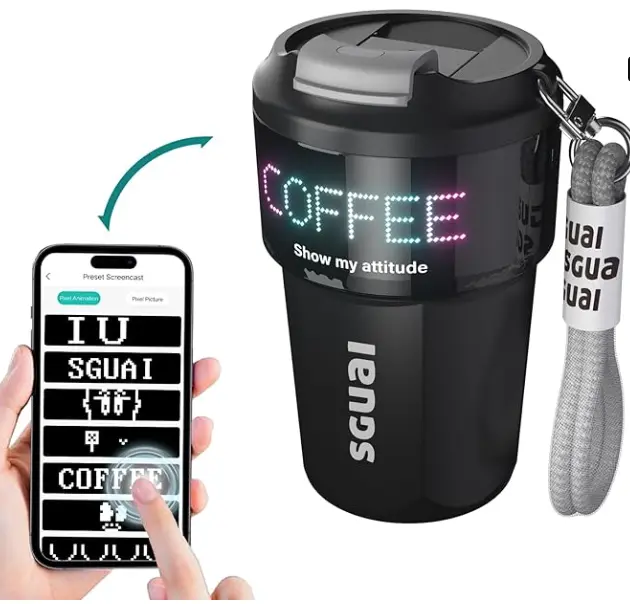 Smart Pixel Cup with LED Temperature & Pixel Display by APP Control, Smart Insulated Novelty Mug Water Flask for Unique Presents, 12oz Coffee Drinkware Stainless Steel Tea Customized Set Tumbler Water Bottles Bottled