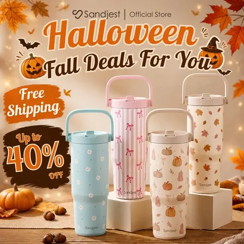 SANDJEST 30oz Insulated Stainless Steel Flip-Up Straw Tumbler, Portable Twist-On Lid, Easy-Carry Handle, Cupholder-Friendly Flask Bottle, Gifts for Women Her Halloween Fall, Ideal for Sport Travel Gym #falldealsforyou