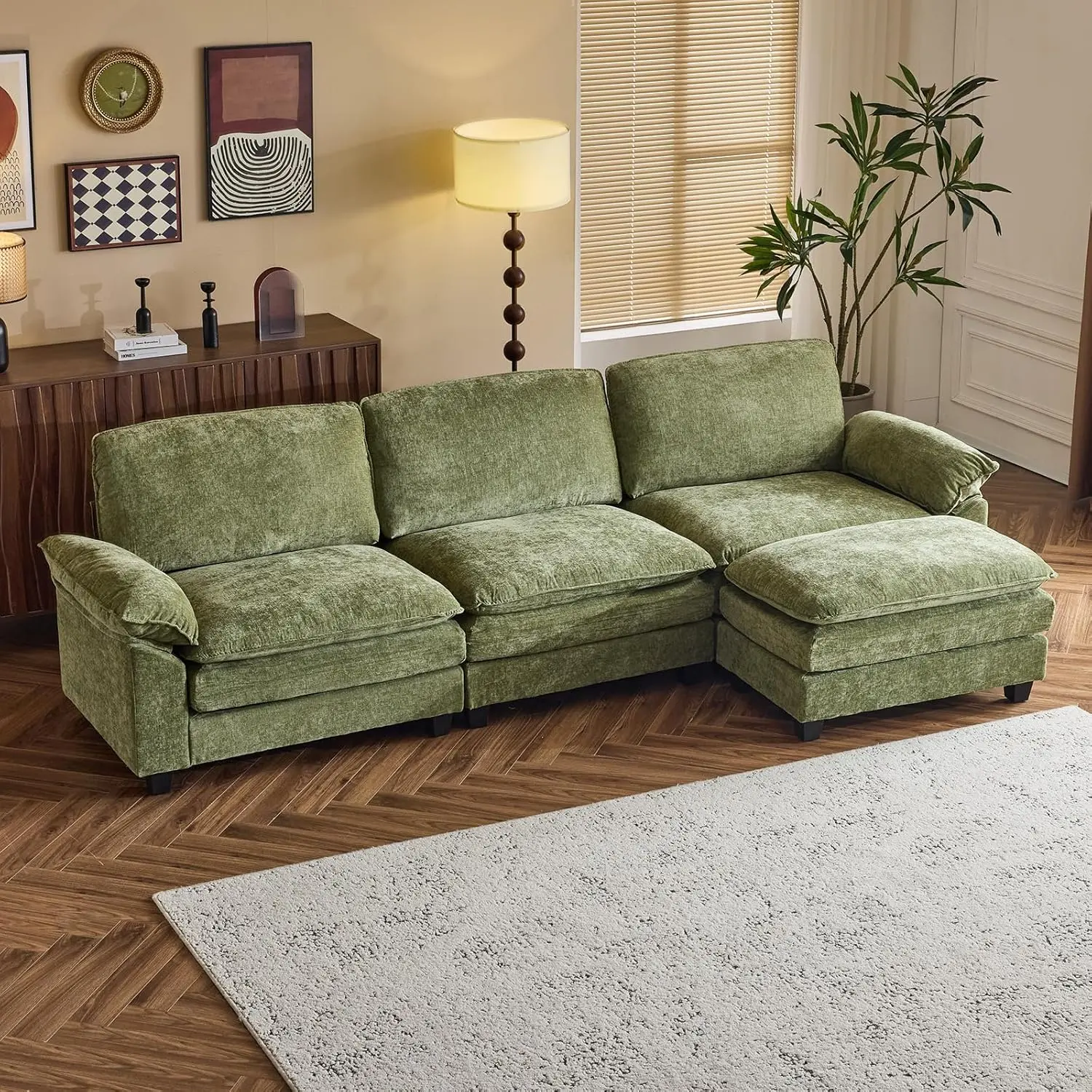 VINGLI 122" Sturdy Cloud Double-Layer Deep Convertible L-Shaped Sectional Sofa - 3-Seat Plush Nylon Cloth Comfy Sit-Down Couch with Movable Alloy Ottoman, Waterproof, for Small Spaces (2-3 Packages), L Shaped Couch, Sofas Living Room Furniture
