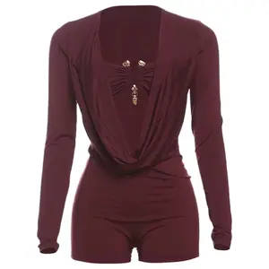 Sexy Deep V Hollow Out Bodycon One Piece Rompers Women Long Sleeve Slim Ruched Jumpsuits Fashion Female Solid Color cowl neck