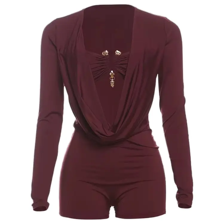 Sexy Deep V Hollow Out Bodycon One Piece Rompers Women Long Sleeve Slim Ruched Jumpsuits Fashion Female Solid Color cowl neck