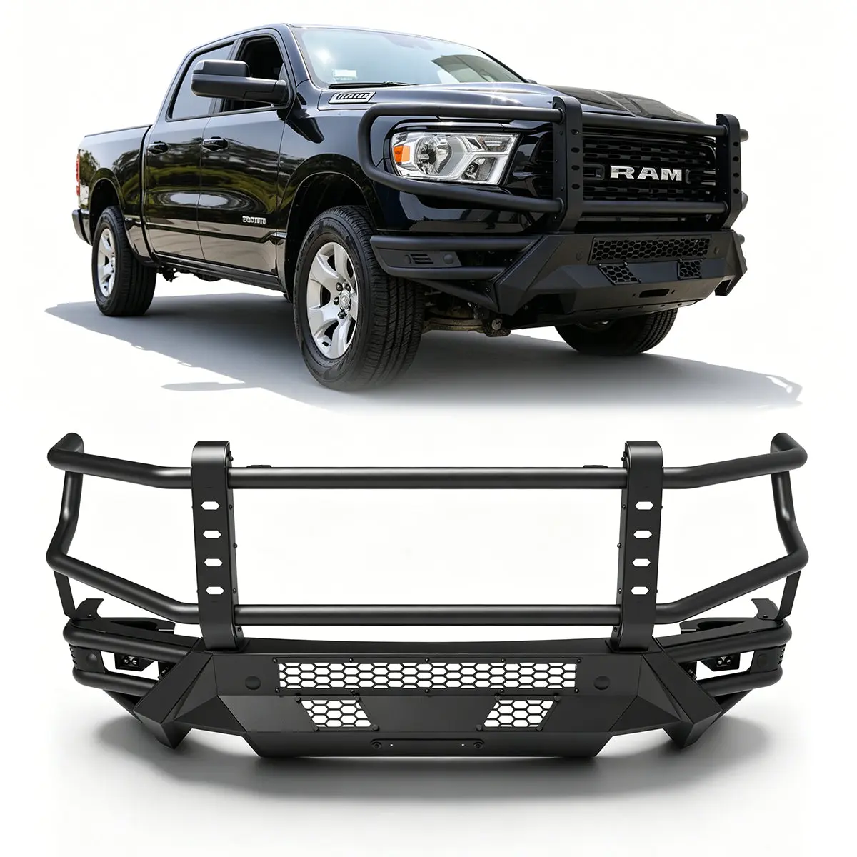 WOLFSTORM Heavy Duty Custom Fit Modular Front Bumper Protector for 2019-2024 Ram 1500 - Q235 Steel, DIY Paintable, Modular Parts Swap, Radar Hole Ready, Includes 1 Bull Bar, Main Body, 1 Skid Plate, Bolt-On Functionality Enhancement, Recovery Points