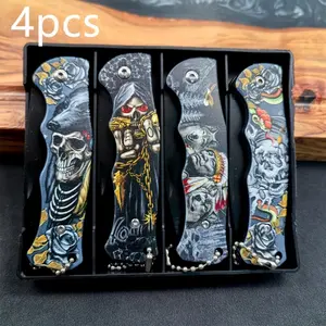 4 PCS Folding Pocket Knives Mini Portable 3D Pattern Stainless Steel Non-Slip Handle Wilderness Survival EDC Tool for Outdoor Camping Fishing Men's Gift