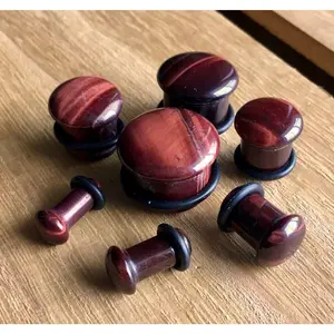PAIR of Single Flare Red Tiger Eye Stone Plugs with O-Rings - Gauges 4g (5mm) up to 5/8" (16mm)