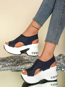 Women's Thick Sole Wedge Sandals, Slip On Sandals, Comfortable and Stylish, Perfect for Commuting, Contemporary Design, Textile Upper, Rubber Sole