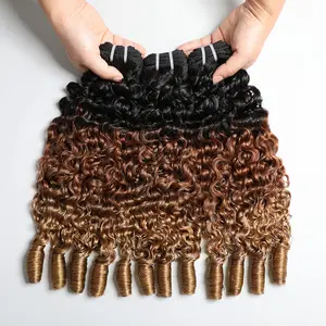 [Belehair] Burmese Curly Human Hair Bundles With Spiral Curly Ends T1B/30/27 Colored Deep Curly Virgin Hair Bundles Deal Ombre Hair 12A Grade High Quality Unprocessed Raw Hair Bundles Extension 95-105g Per Bundle For Women