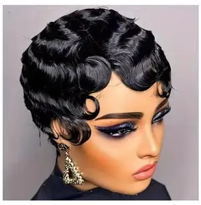 Short Human Hair Finger Wave Wig Ocean Wave Pixie Cut 3 Colors Available for Versatile Styling