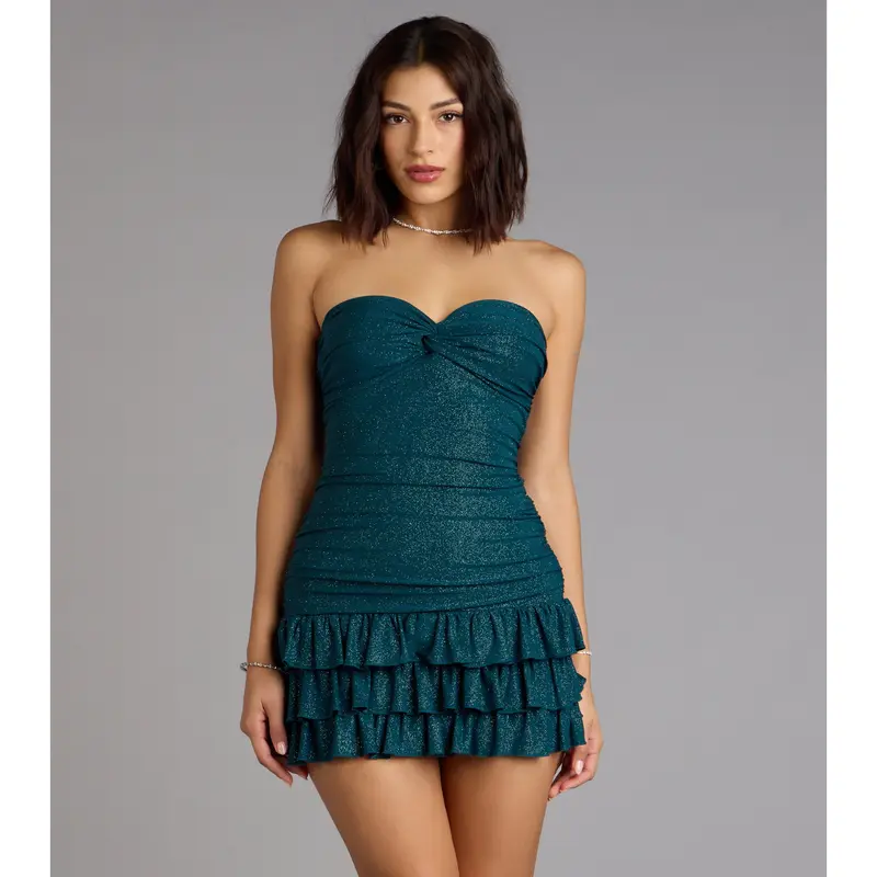 petite black glitter detail ruffle mini dress Chloanna Black Ruffle Mini Dress