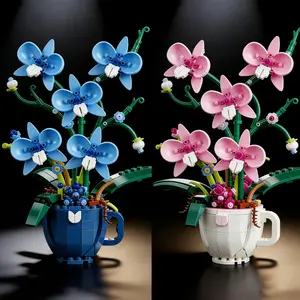 Flower Orchid Coffee Cup Potted Building Blocks 3D Bouquet MOC Bricks Construction Toys DIY Home Desk Plant Decoration DIY Valentine's Day Birthday Gift
