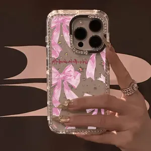 A Luxurious Pink Big Bow Phone Case Adorned with Rhinestones, Featuring a Transparent Sparkling Star Border And Shockproof Design, Compatible with Iphone 17 Pro Max, 17 Air, 16, 15, 14 Plus, 13, 12 . Perfect As a Christmas Gift