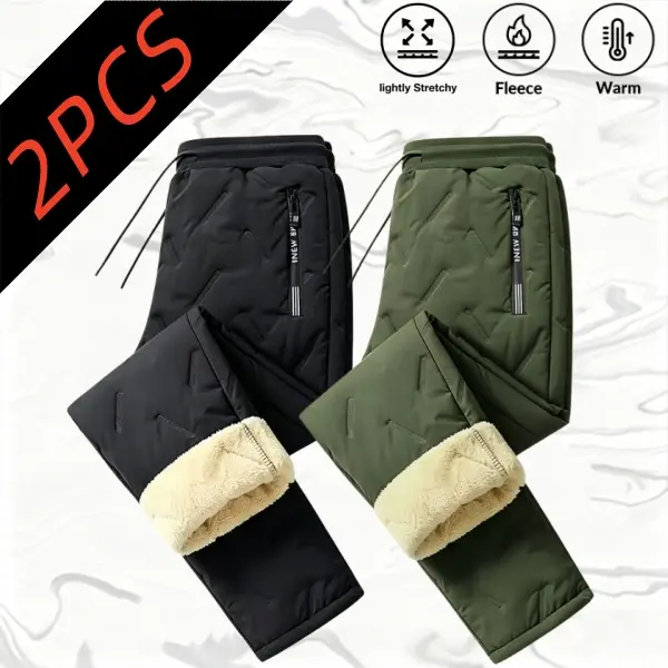 2-pack men’s fleece-lined, thickened thermal cotton pants—versatile for winter with a comfortable inner layer that resists wind and cold; elastic waistband with high stretch; versatile long pants suitable for daily commuting and outdoor travel.