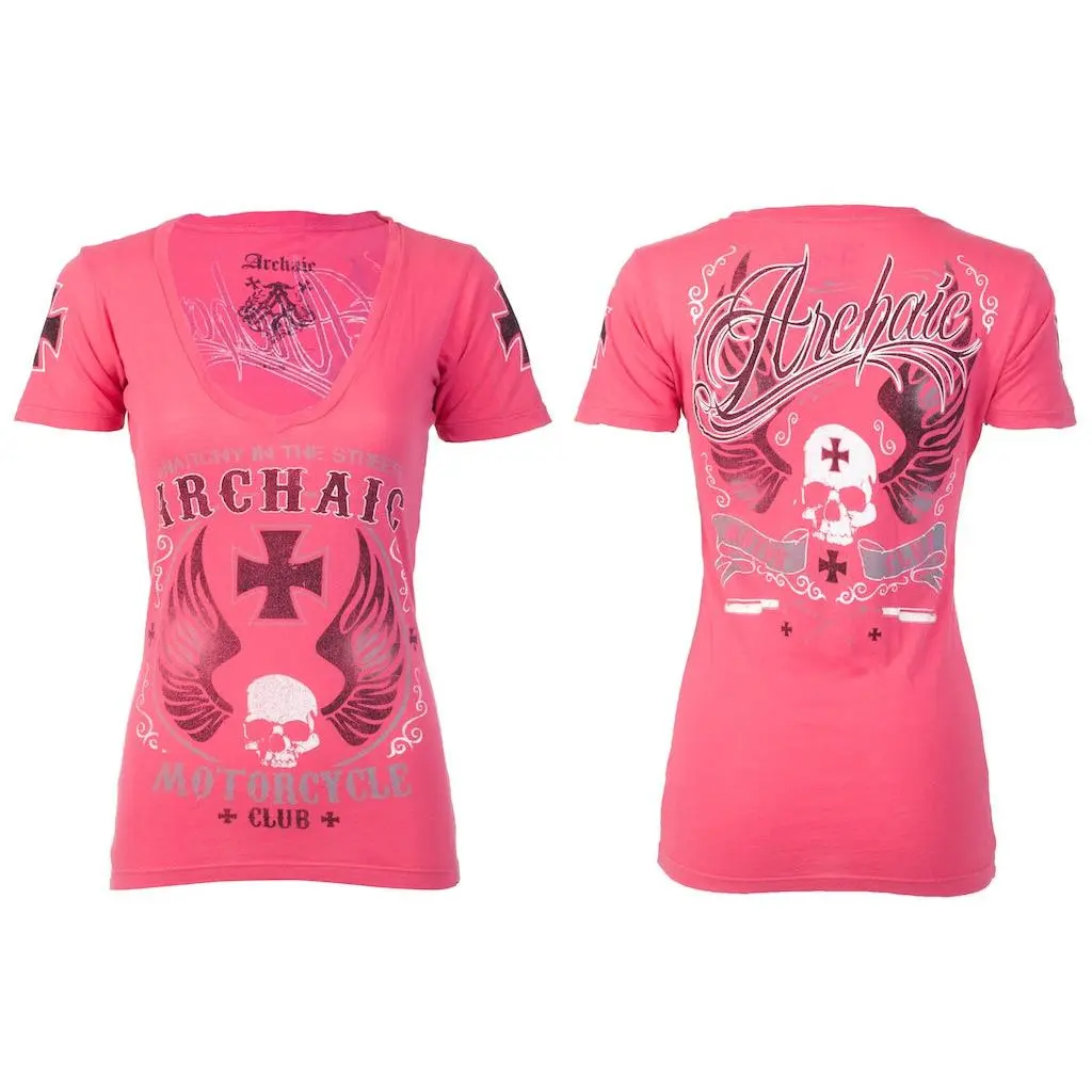 Archaic by Affliction Women's Cotton Short-Sleeve Printed Casual Streetwear T-Shirt - Love Skull Top, Tshirt, Shortsleeve, V-Neck, All Seasons, Cold Wash, Biker, Graphic Print, Gothic, Printed In Usa