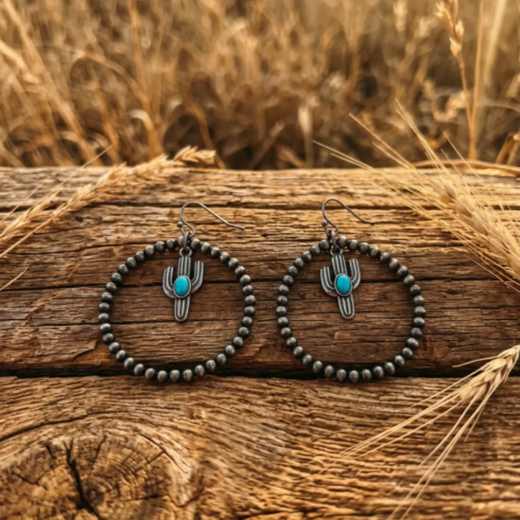Hoop earrings antique silver finish turquoise cactus