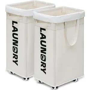 Laundry Baskets with Wheels and Handle, 2-Pack 75L Collapsible Laundry Baskets, Clothes Laundry Basket with Removable Wash Bags for Corner Dorm, White Rolling Laundry Hamper