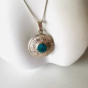 Set for Women Turquoise Peru Nazca Calendar 950 pure Silver Necklace + Earrings Set +  Gift Box dangle earring Jewelry