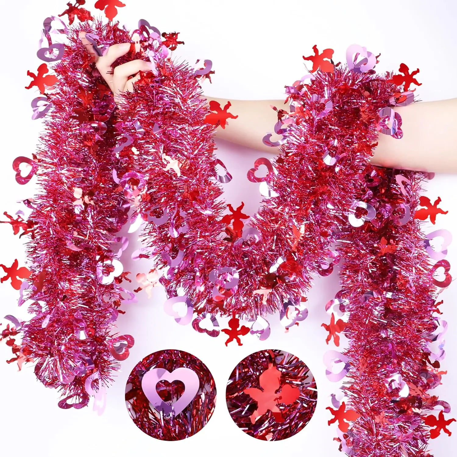 2Meter Valentines Day Garland Decor Red Cupid Pink Heart Tinsel Garland，Shiny Metallic Streamer Twist Garland Hanging Valentines Decorations for Home Tree Indoor Outdoor Wedding Party Supplies Marriage Ornaments