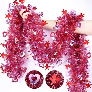 2Meter Valentines Day Garland Decor Red Cupid Pink Heart Tinsel Garland，Shiny Metallic Streamer Twist Garland Hanging Valentines Decorations for Home Tree Indoor Outdoor Wedding Party Supplies