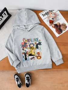 Girls Long Sleeve Hooded Sweatshirt, Coraline Print, Cartoon Pattern, Fitted Style, Casual Spring & Fall Wear, Perfect Gift