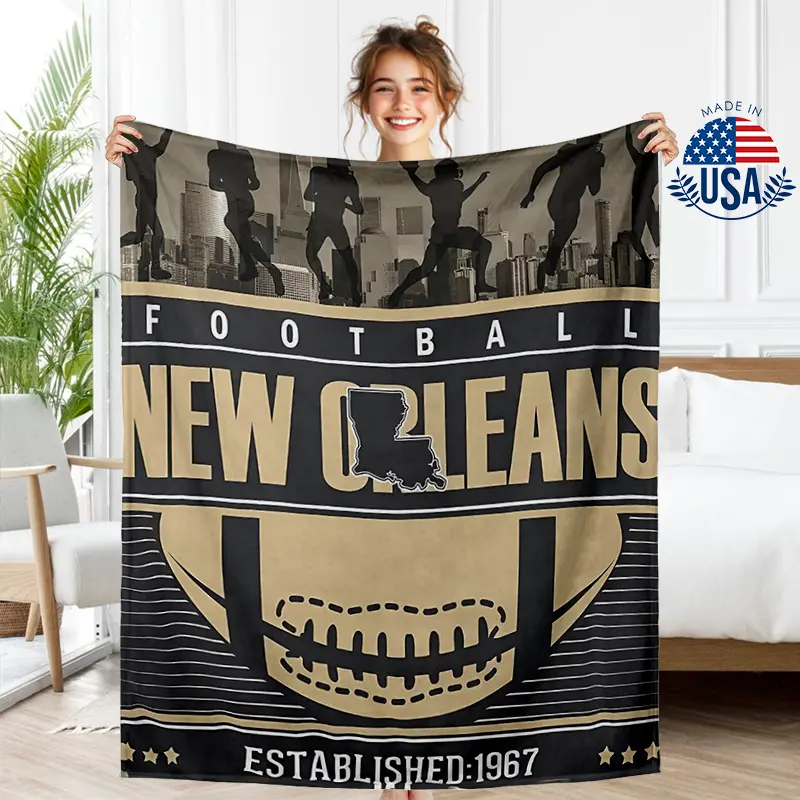 1pc Local Warehouse New Orleans Football Blanket 280GSM High-grade Plush Fabric, Machine Washable, Lightweight Comfortable Blanket, Suitable for Sofa, Nap, Bed, Travel or Unicorn Party Supplies, Perfect Custom Gift, Birthday, Halloween, Easter, and Christ